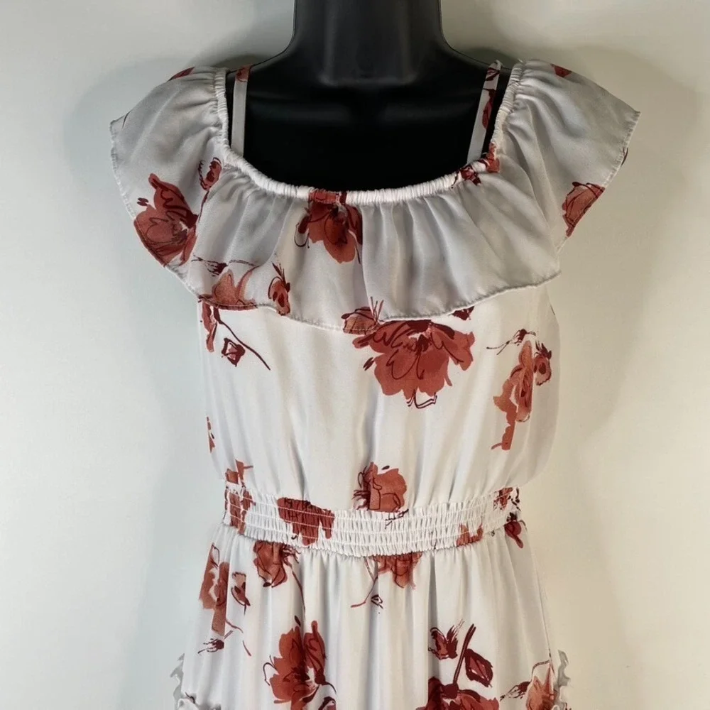 Beautees Women's Midi Dress White Floral Sz 14 Off Shoulder Elastic Waist Tiered